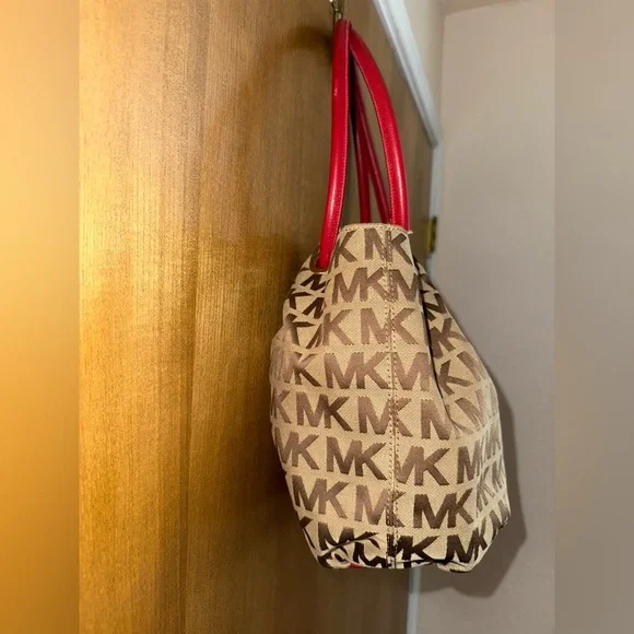 Michael Kors MK Logo Canvas Tote Bag Brown Red Leather Handles Tassel Purse - Picture 17 of 17